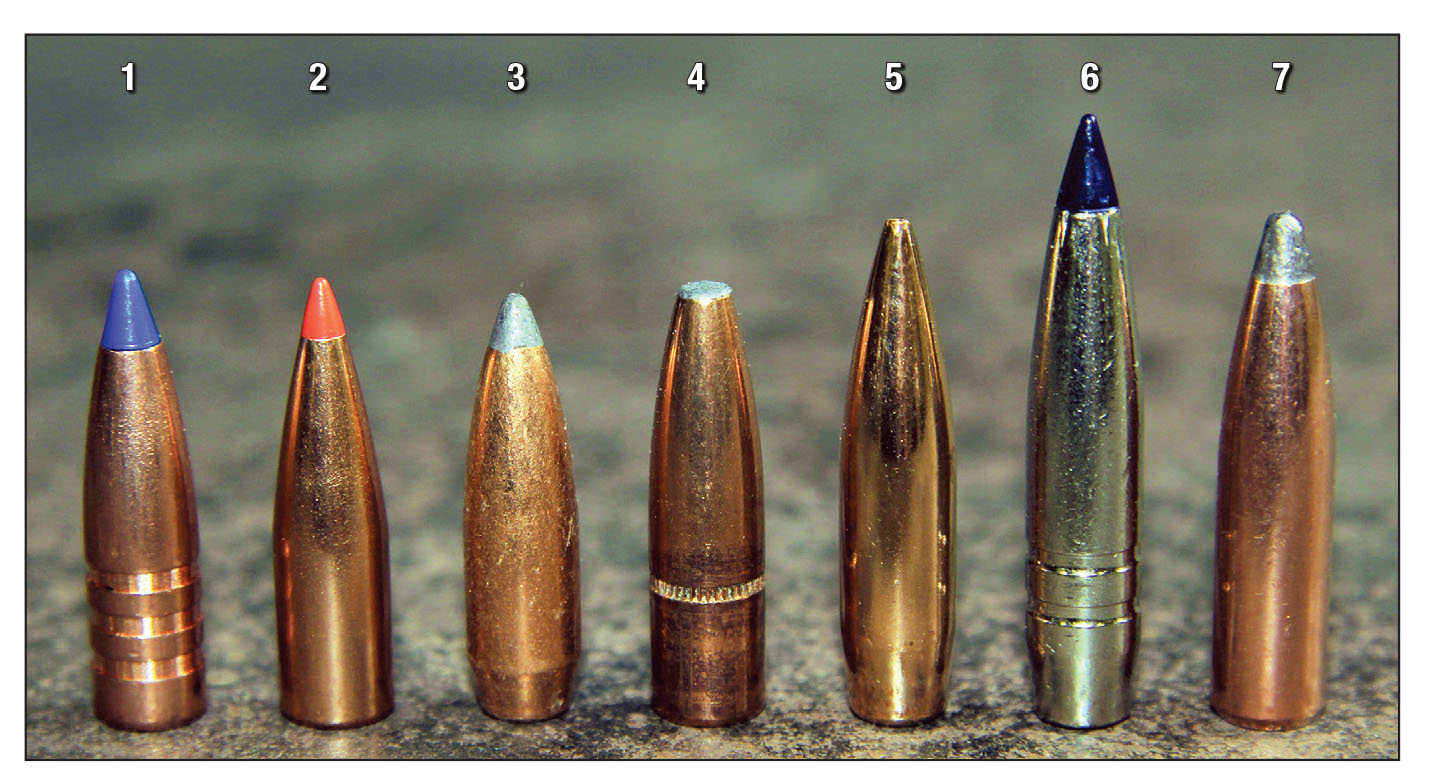 Bullets used for testing included: (1) Barnes 110-grain TTSX FB, (2) Hornady 120- grain V-MAX, (3) Speer 130-grain BTSP, (4) Speer 145-grain Grand Slam, (5) Berger 150-grain Classic Hunter, (6) Federal Premium 155-grain Terminal Ascent and  (7) Nosler 160-grain Partition.